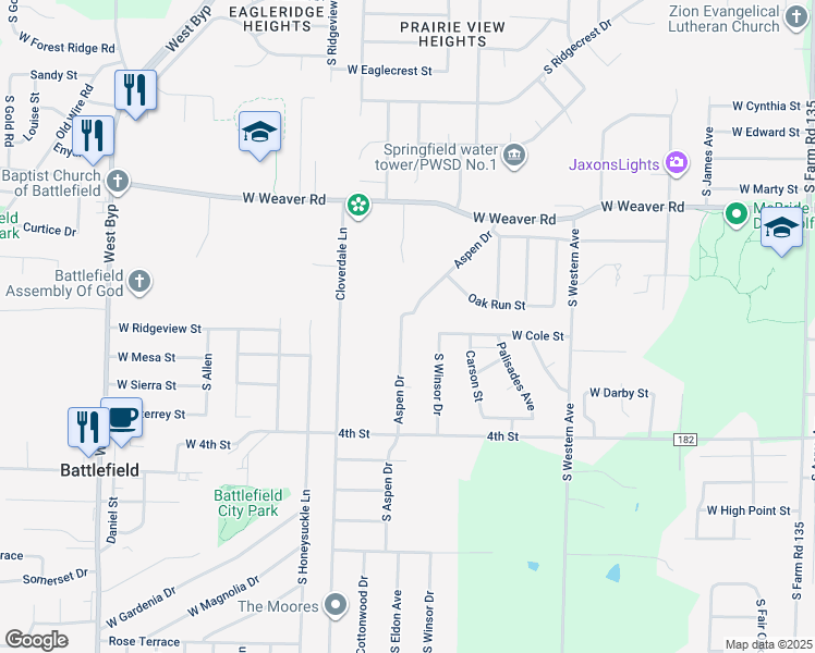 map of restaurants, bars, coffee shops, grocery stores, and more near 5208 Aspen Drive in Battlefield