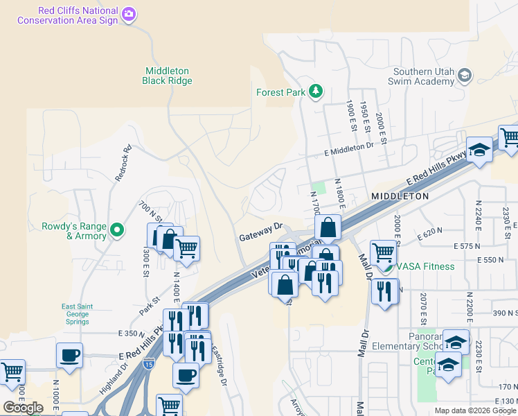 map of restaurants, bars, coffee shops, grocery stores, and more near 840 Twin Lakes Drive in St. George