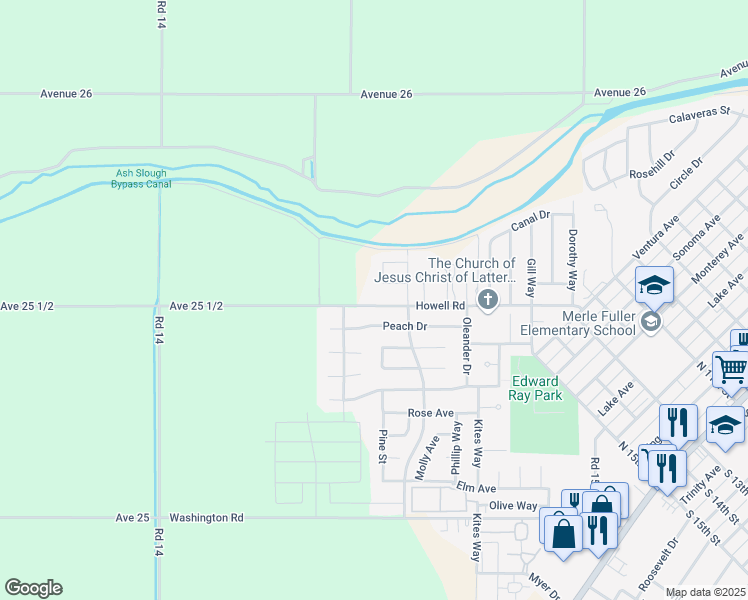 map of restaurants, bars, coffee shops, grocery stores, and more near 566 Howell Road in Chowchilla