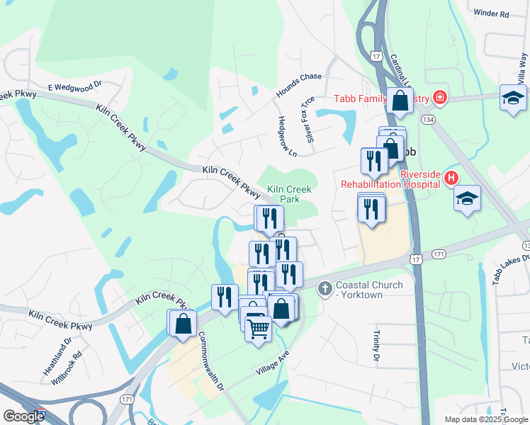 map of restaurants, bars, coffee shops, grocery stores, and more near 121 Persimmon Drive in Yorktown