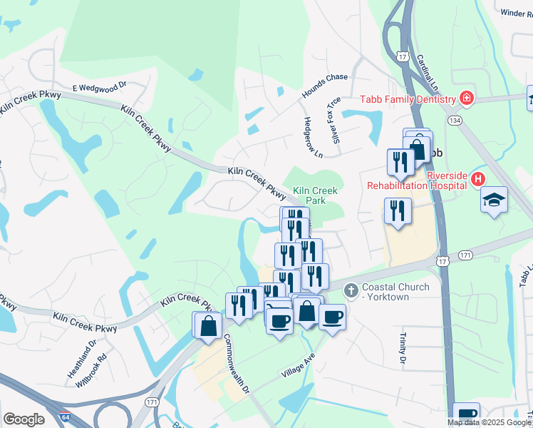 map of restaurants, bars, coffee shops, grocery stores, and more near 826 Ironwood Drive in Yorktown