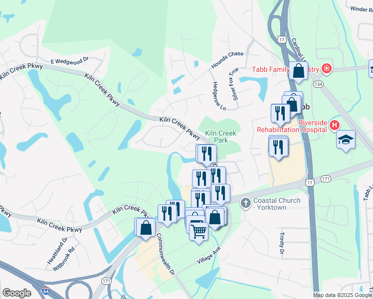 map of restaurants, bars, coffee shops, grocery stores, and more near 826 Ironwood Drive in Yorktown