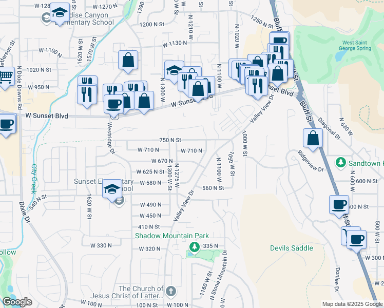 map of restaurants, bars, coffee shops, grocery stores, and more near 1205 West 710 North in St. George