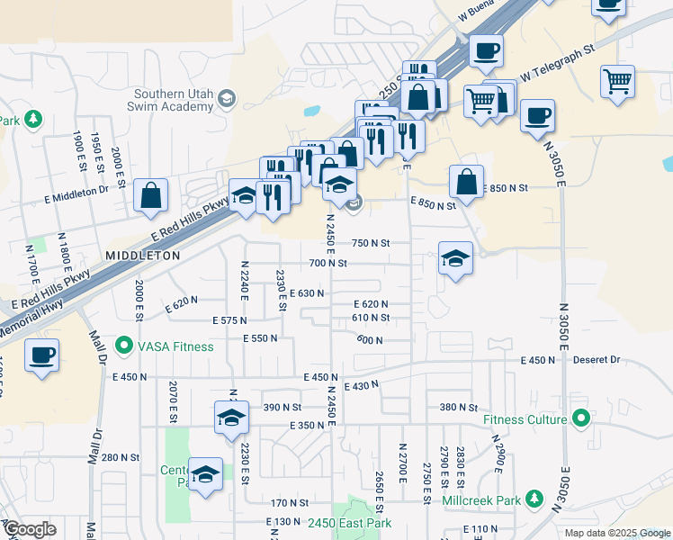 map of restaurants, bars, coffee shops, grocery stores, and more near 2435 East 700 North in St. George