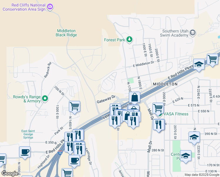 map of restaurants, bars, coffee shops, grocery stores, and more near 840 Twin Lakes Drive in St. George