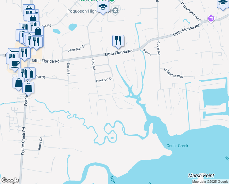 map of restaurants, bars, coffee shops, grocery stores, and more near 27 Robert Bruce Road in Poquoson