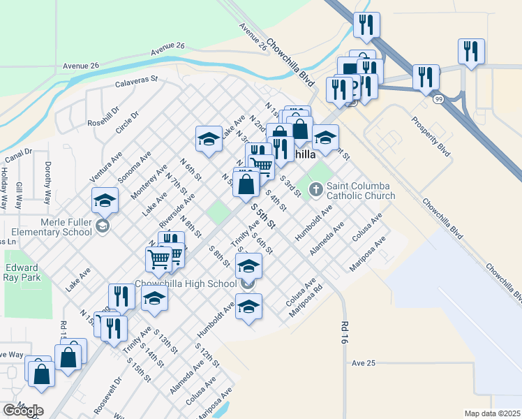 map of restaurants, bars, coffee shops, grocery stores, and more near 505 Robertson Boulevard in Chowchilla