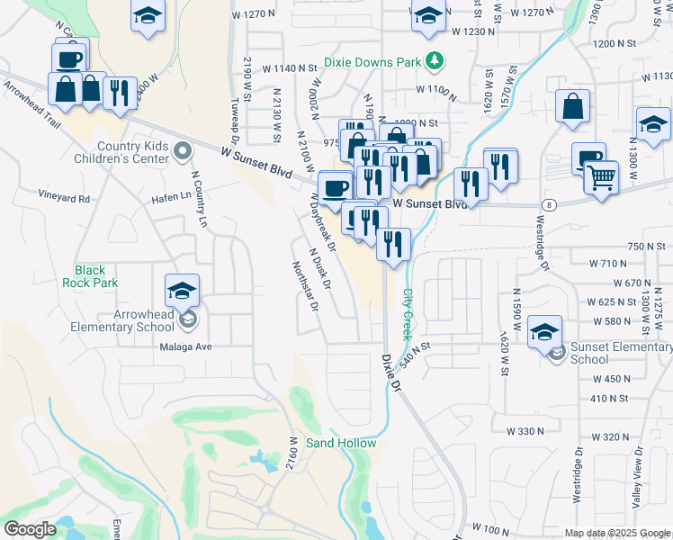 map of restaurants, bars, coffee shops, grocery stores, and more near 695 North Daybreak Drive in St. George