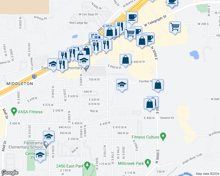 map of restaurants, bars, coffee shops, grocery stores, and more near 2734 East 750 North in St. George