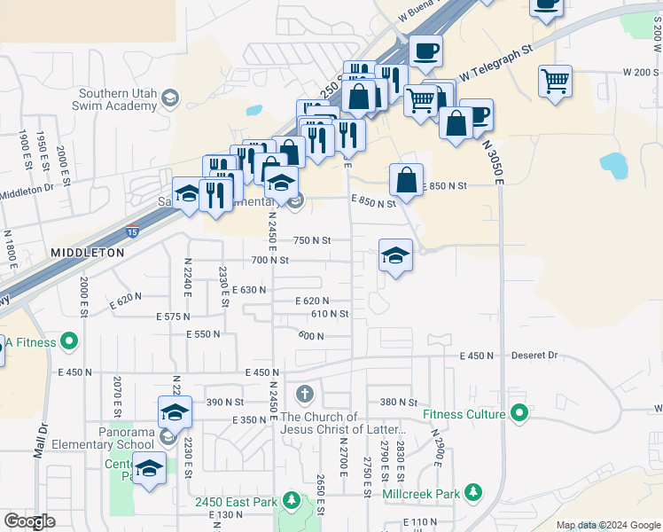 map of restaurants, bars, coffee shops, grocery stores, and more near 2620 East 700 North in St. George