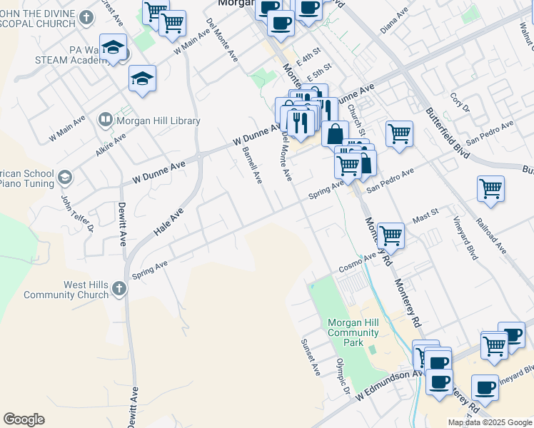 map of restaurants, bars, coffee shops, grocery stores, and more near 16705 Barnell Avenue in Morgan Hill