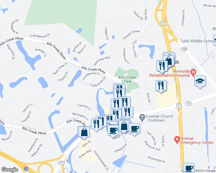 map of restaurants, bars, coffee shops, grocery stores, and more near 825 Ironwood Drive in Yorktown