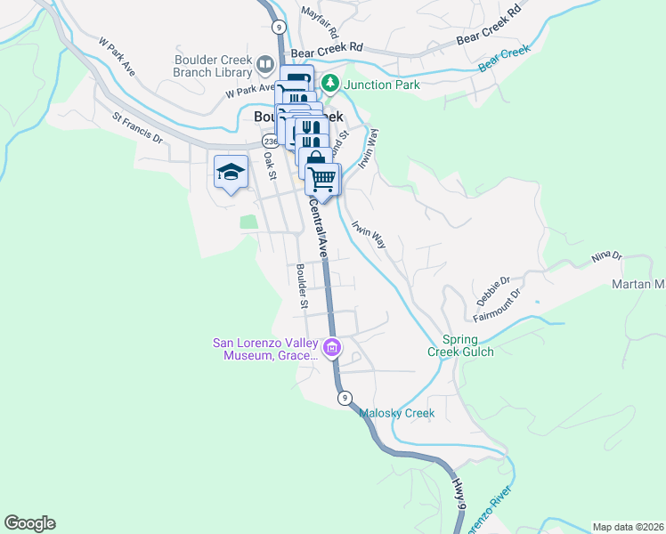 map of restaurants, bars, coffee shops, grocery stores, and more near 110 Mountain Street in Boulder Creek