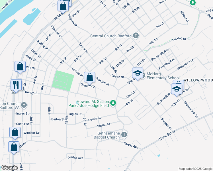 map of restaurants, bars, coffee shops, grocery stores, and more near 1020 Preston Street in Radford