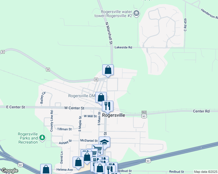 map of restaurants, bars, coffee shops, grocery stores, and more near 109 Beatie Street in Rogersville