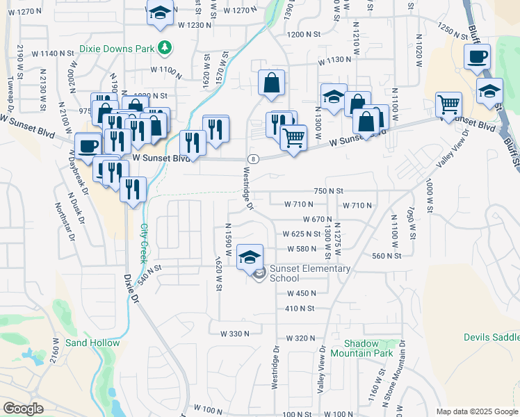 map of restaurants, bars, coffee shops, grocery stores, and more near 696 Westridge Drive in St. George