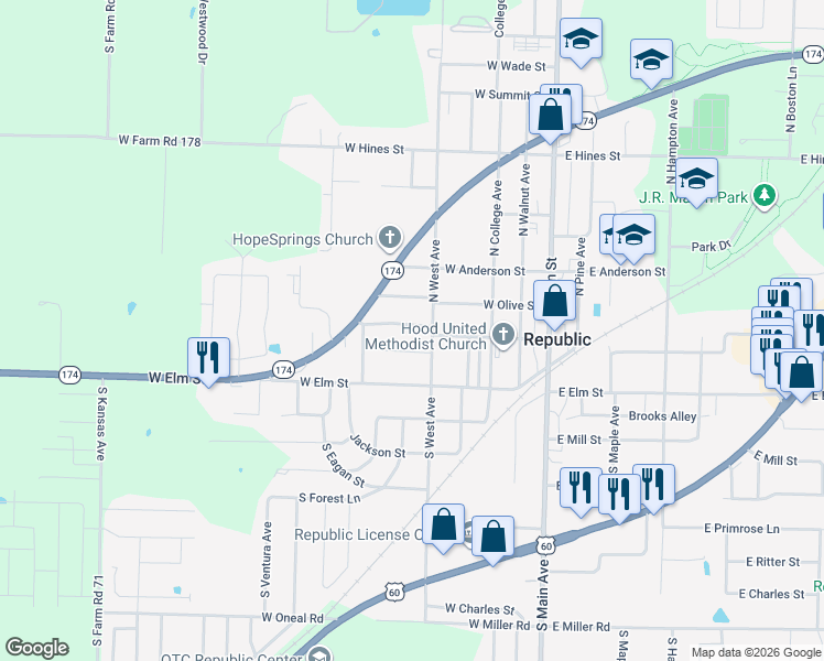 map of restaurants, bars, coffee shops, grocery stores, and more near 414 West Grant Street in Republic