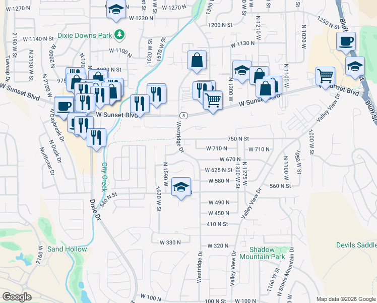 map of restaurants, bars, coffee shops, grocery stores, and more near 696 Westridge Drive in St. George