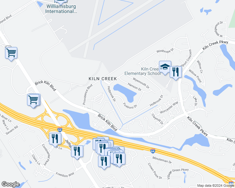 map of restaurants, bars, coffee shops, grocery stores, and more near 907 Foxboro Drive in Newport News