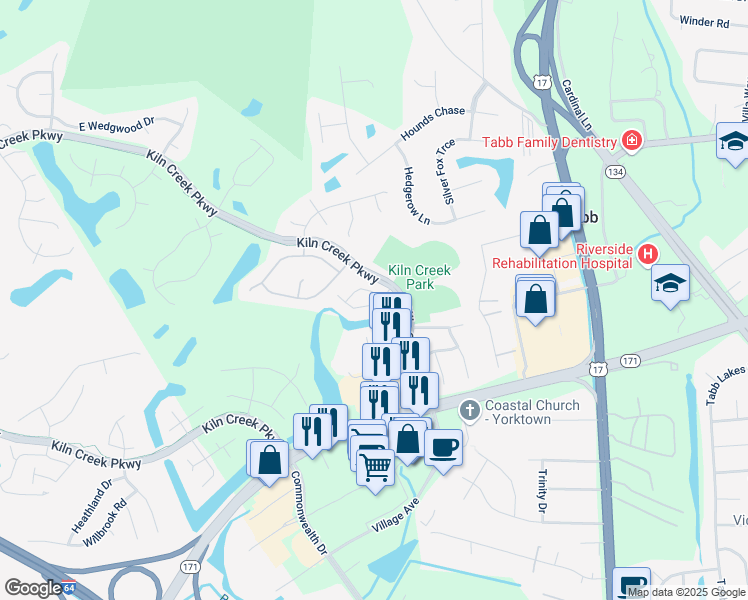 map of restaurants, bars, coffee shops, grocery stores, and more near 821 Ironwood Drive in Yorktown