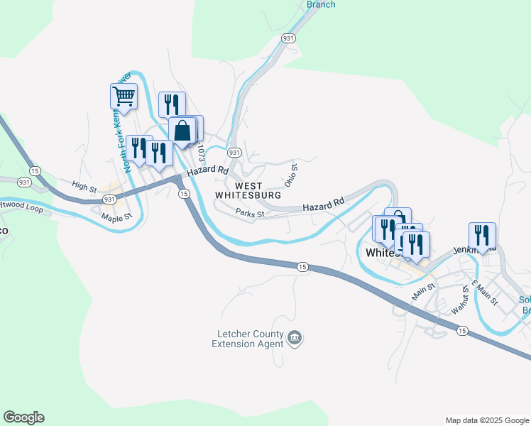map of restaurants, bars, coffee shops, grocery stores, and more near Parks Street in Whitesburg