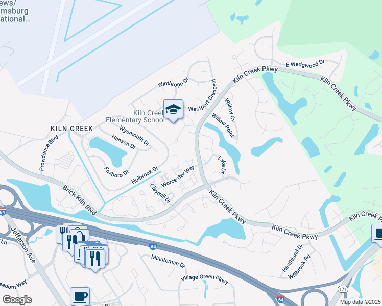 map of restaurants, bars, coffee shops, grocery stores, and more near 1401 Kiln Creek Parkway in Newport News