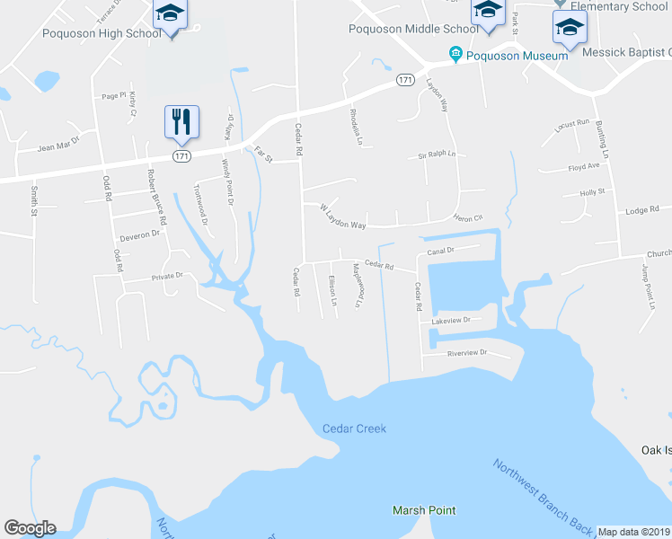 map of restaurants, bars, coffee shops, grocery stores, and more near 198 Cedar Road in Poquoson