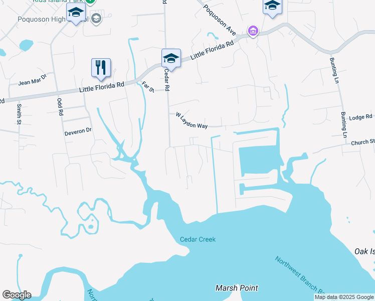 map of restaurants, bars, coffee shops, grocery stores, and more near 198 Cedar Road in Poquoson