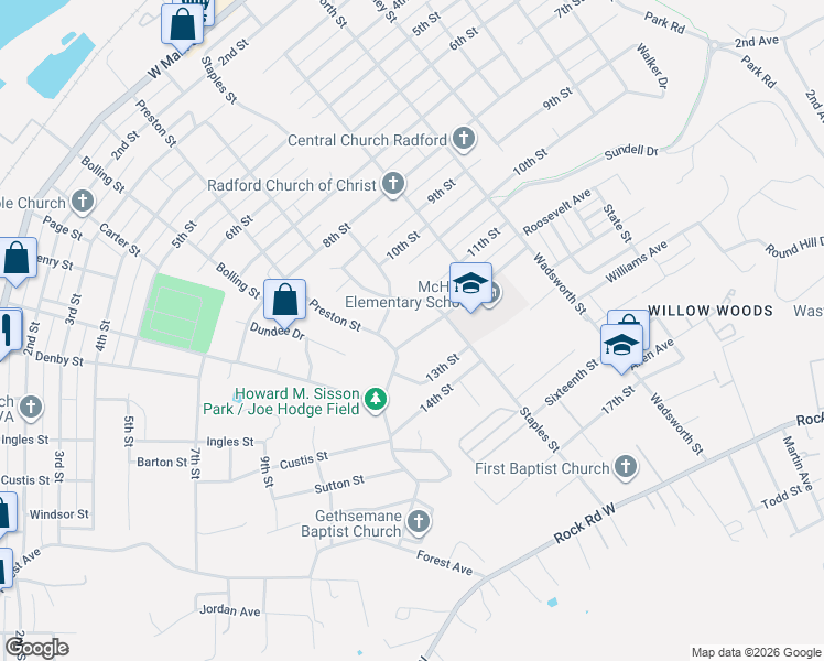 map of restaurants, bars, coffee shops, grocery stores, and more near 815 12th Street in Radford