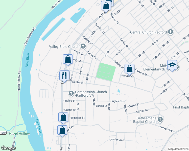 map of restaurants, bars, coffee shops, grocery stores, and more near 1521 5th Street in Radford