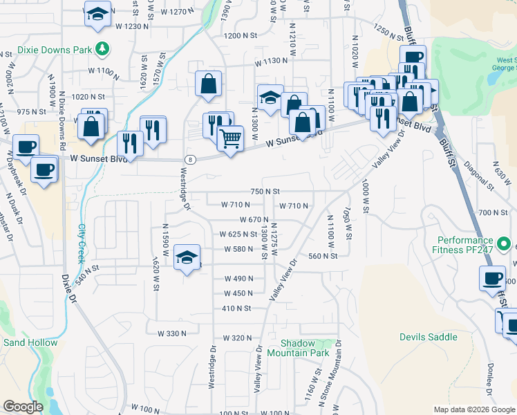 map of restaurants, bars, coffee shops, grocery stores, and more near 1315 West 710 North in St. George