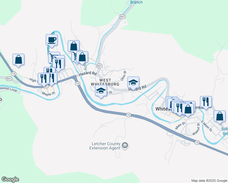 map of restaurants, bars, coffee shops, grocery stores, and more near Parks Street in Whitesburg