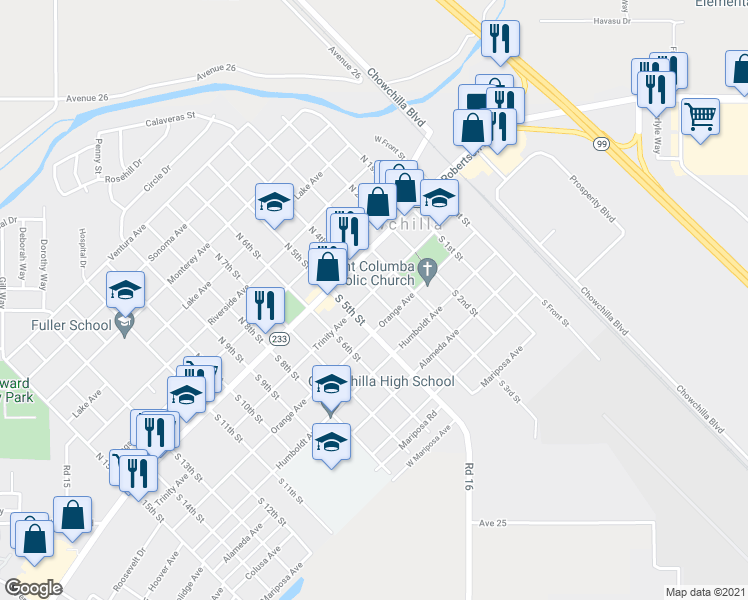 map of restaurants, bars, coffee shops, grocery stores, and more near 401 Trinity Avenue in Chowchilla