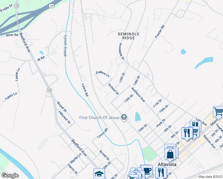 map of restaurants, bars, coffee shops, grocery stores, and more near 1600 School Street in Altavista
