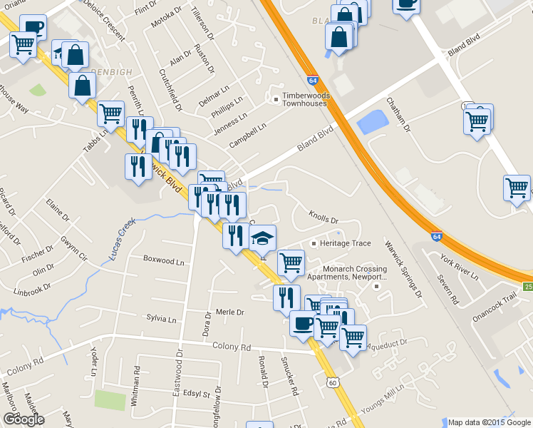 map of restaurants, bars, coffee shops, grocery stores, and more near 3628 Campbell Road in Newport News