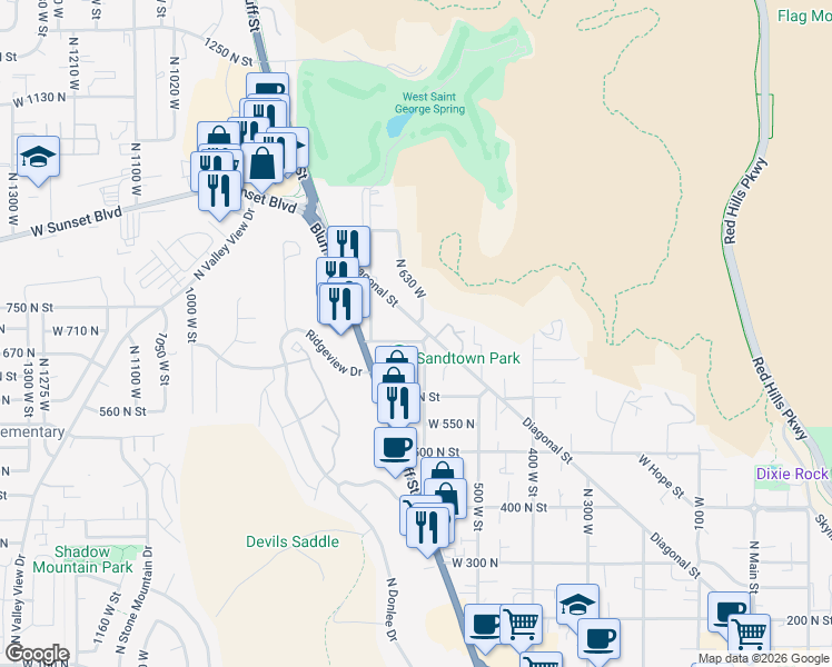 map of restaurants, bars, coffee shops, grocery stores, and more near 608 West 700 North in St. George