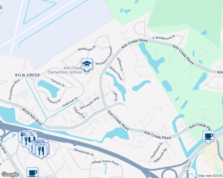 map of restaurants, bars, coffee shops, grocery stores, and more near 1302 Lake Drive in Newport News