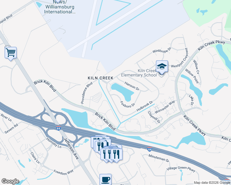 map of restaurants, bars, coffee shops, grocery stores, and more near 901 Foxboro Drive in Newport News