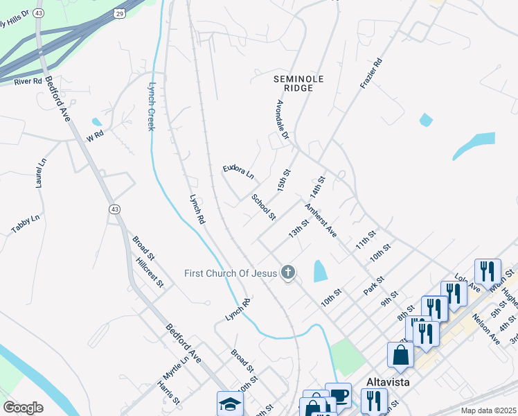 map of restaurants, bars, coffee shops, grocery stores, and more near 1600 School Street in Altavista