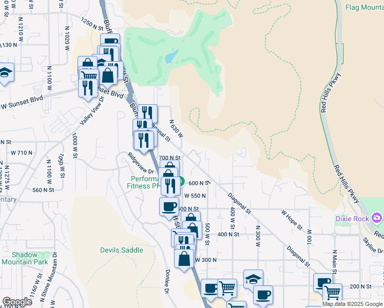 map of restaurants, bars, coffee shops, grocery stores, and more near 560 Diagonal Street in St. George