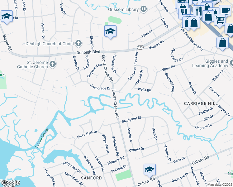 map of restaurants, bars, coffee shops, grocery stores, and more near 748 Old Lucas Creek Road in Newport News