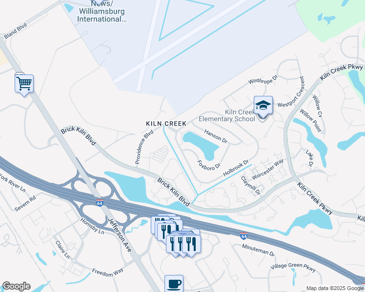 map of restaurants, bars, coffee shops, grocery stores, and more near 901 Foxboro Drive in Newport News