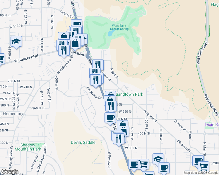 map of restaurants, bars, coffee shops, grocery stores, and more near 608 West 700 North in St. George