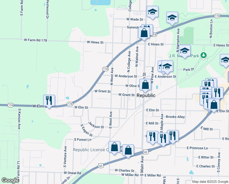 map of restaurants, bars, coffee shops, grocery stores, and more near 341 W Grant St in Republic
