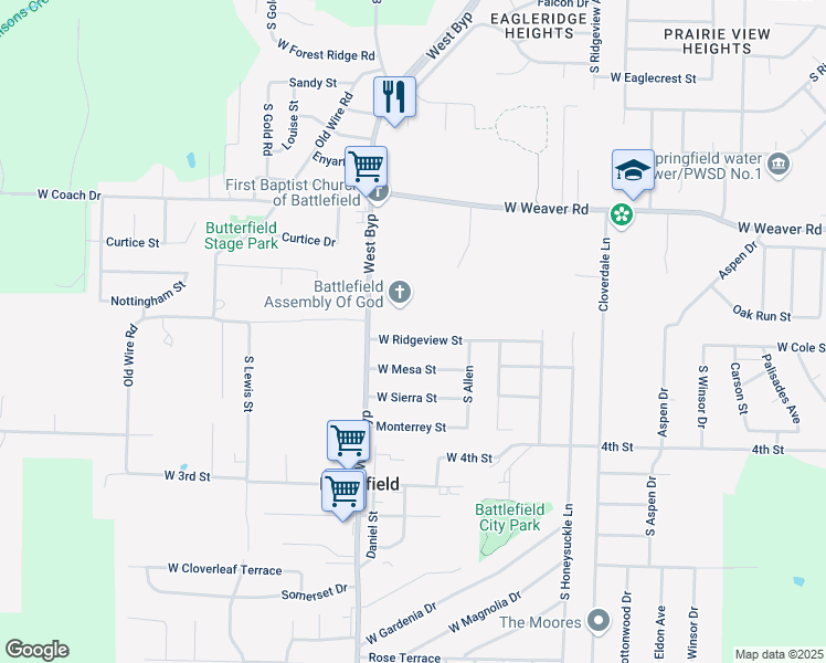 map of restaurants, bars, coffee shops, grocery stores, and more near 4231 Ridgeview Street in Battlefield