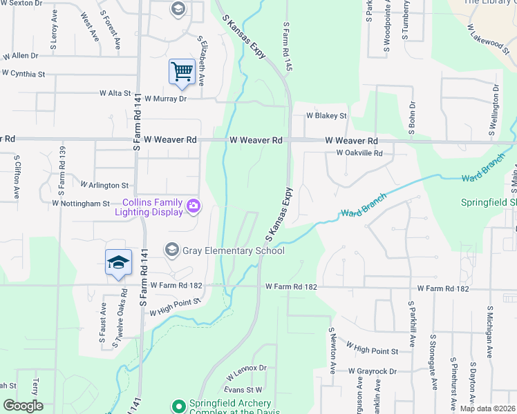 map of restaurants, bars, coffee shops, grocery stores, and more near 1747 West Nottingham Street in Springfield