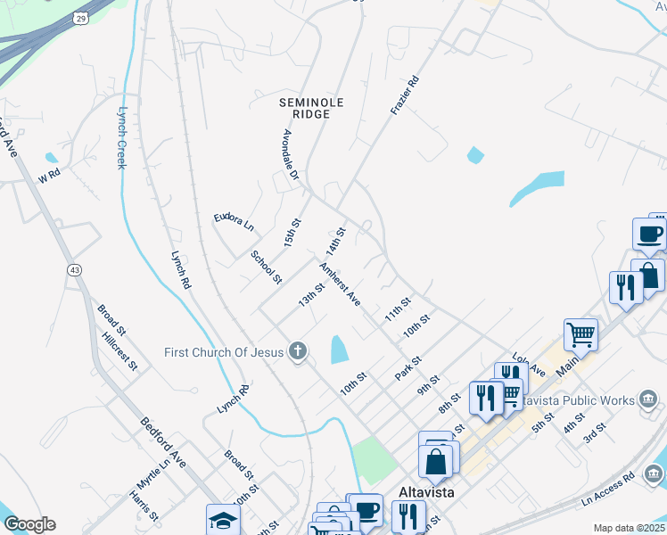 map of restaurants, bars, coffee shops, grocery stores, and more near 1401 Amherst Avenue in Altavista