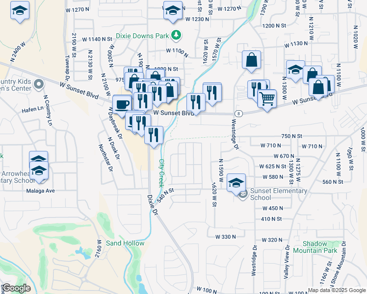 map of restaurants, bars, coffee shops, grocery stores, and more near 1732 West 540 North in St. George