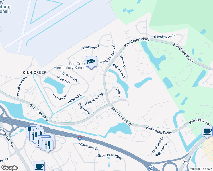 map of restaurants, bars, coffee shops, grocery stores, and more near 1324 Stillwater Court in Newport News