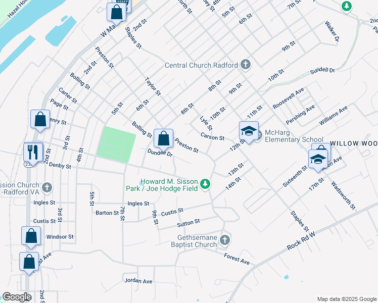 map of restaurants, bars, coffee shops, grocery stores, and more near 1016 Preston Street in Radford